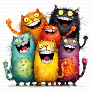 May include: A whimsical illustration of six cartoon cats with exaggerated smiles and vibrant fur. The cats are in various colors, including orange, black, blue, yellow, and purple, with large, expressive eyes and waving paws.