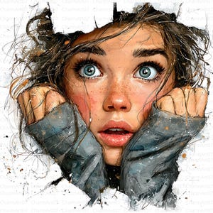 Può includere: Stampa artistica digitale di una giovane donna con grandi occhi blu e lentiggini, che sbircia attraverso un effetto carta strappata. Indossa una giacca grigia e la sua espressione è di sorpresa. L'opera d'arte ha uno stile acquerello.