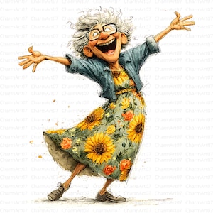 May include: Watercolor illustration of a joyful elderly person with arms outstretched, wearing a sunflower print dress, denim jacket, and glasses. The image has the text "CharmArt07" repeated throughout.
