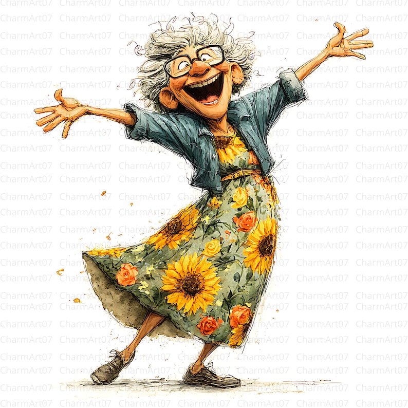 May include: Watercolor illustration of a joyful elderly person with arms outstretched, wearing a sunflower print dress, denim jacket, and glasses. The image has the text "CharmArt07" repeated throughout.