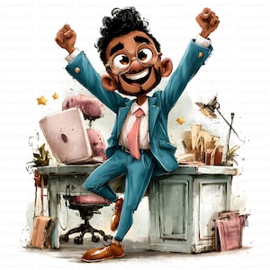 Peut inclure: Une illustration de dessin animé représentant une personne aux cheveux noirs bouclés et aux lunettes, portant un costume bleu avec une chemise blanche et une cravate rose, les bras levés en signe de célébration près d'un bureau avec ordinateur.