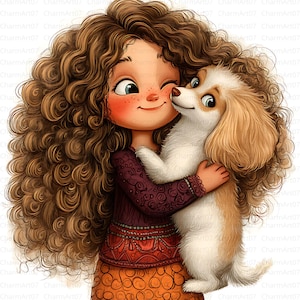 14 Clipart fille avec chien, clipart fille original, cadeau pour amoureux des chiens, fille avec chien, JPG de haute qualité, aquarelle imprimable, travaux manuels, journal indésirable