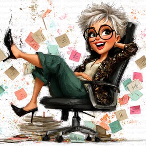 May include: Illustration of a woman with short gray hair, wearing large round glasses, a floral jacket, and green pants, reclining in a black office chair. Scattered sticky notes and papers surround her, suggesting a creative or professional theme. She is wearing black high heels.