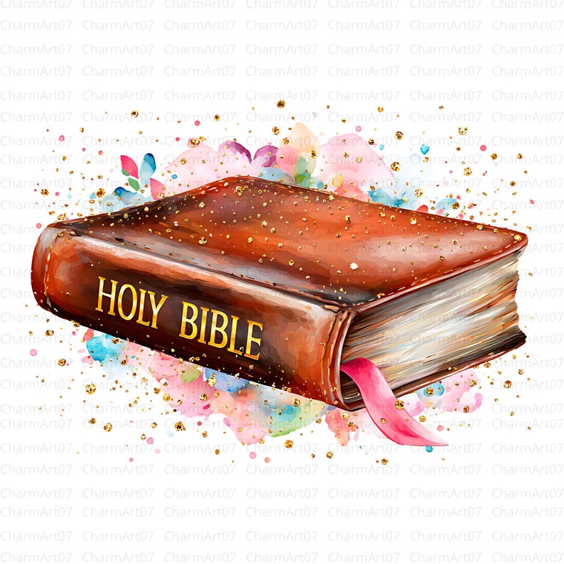 May include: A watercolour illustration of a brown leather-bound Holy Bible with gold lettering. A pink ribbon marks a page. The background features watercolour splashes in pink, blue, and gold.