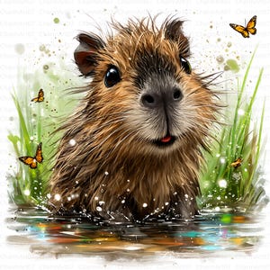 May include: A digital illustration of a capybara in water, with brown fur and a black nose. The capybara has a small red tongue sticking out. Green grass and orange butterflies surround the animal, with water droplets and splashes visible.