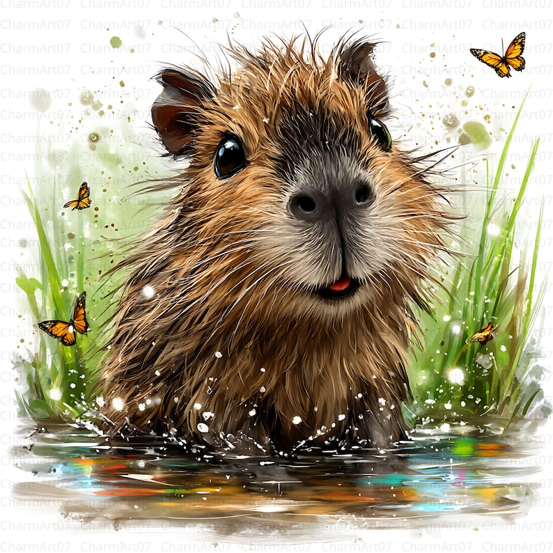 May include: A digital illustration of a capybara in water, with brown fur and a black nose. The capybara has a small red tongue sticking out. Green grass and orange butterflies surround the animal, with water droplets and splashes visible.