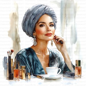 24 Senior Lady Drinking Coffee, clipart café, clipart aquarelle imprimable, JPG de haute qualité, téléchargement numérique, journal indésirable, créations en papier