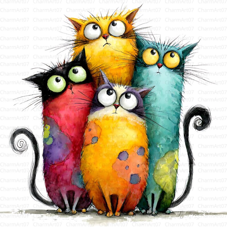 May include: A whimsical illustration of five colorful cats with exaggerated features. The cats are in shades of red, orange, yellow, blue, and purple, with large, expressive eyes and long whiskers. Each cat has a unique expression and pose.