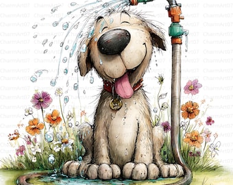 Può includere: Un'illustrazione stravagante di un cane felice che viene docciato con acqua da un tubo da giardino. Il cane, con un collare rosso e la lingua di fuori, è seduto in una pozzanghera circondato da fiori colorati. L'immagine è in stile acquerello.