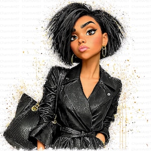 May include: Digital illustration of a stylish woman with short black hair, wearing a black leather trench coat and carrying a black handbag. The artwork features gold accents and a neutral background.