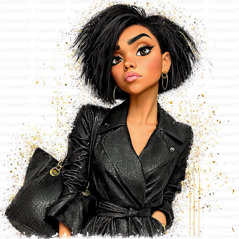 May include: Digital illustration of a stylish woman with short black hair, wearing a black leather trench coat and carrying a black handbag. The artwork features gold accents and a neutral background.