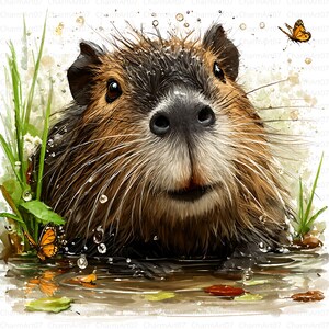 May include: Watercolor illustration of a nutria in water, with brown fur, a black nose, and long whiskers. The image includes green grass, water droplets, and two orange butterflies. The art style is soft and detailed.