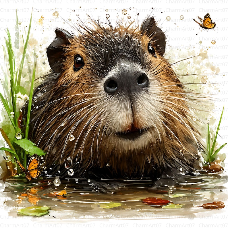 May include: Watercolor illustration of a nutria in water, with brown fur, a black nose, and long whiskers. The image includes green grass, water droplets, and two orange butterflies. The art style is soft and detailed.