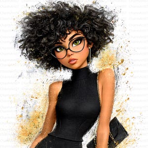 May include: Digital art print of a stylish woman with curly black hair, wearing cat-eye glasses and a black sleeveless top. She has green eyes and gold earrings. A black purse with a gold chain is over her shoulder. Gold paint splatters are in the background.