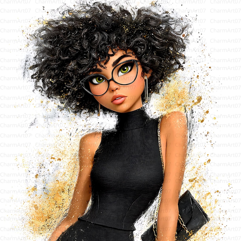 May include: Digital art print of a stylish woman with curly black hair, wearing cat-eye glasses and a black sleeveless top. She has green eyes and gold earrings. A black purse with a gold chain is over her shoulder. Gold paint splatters are in the background.
