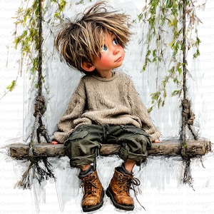 Boy on Swing Clipart Bundle: Watercolor Style, Commercial Use (JPG)