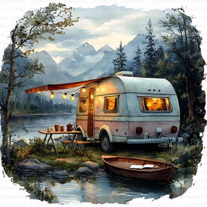 24 Cozy Camping Trailer Clipart, Retro Camping Trailer, Printable Watercolor clipart, High-Quality JPGs, Junk Journal, Paper craft