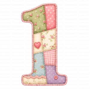 Puede incluir: Un gráfico del número uno con un diseño de patchwork que incluye varios patrones de tela como rosas rosas sobre fondos verdes, crema y azules, lunares rosas, cuadros vichy rosas y lavanda sólido. Incluye un pequeño corazón y un botón rosa.