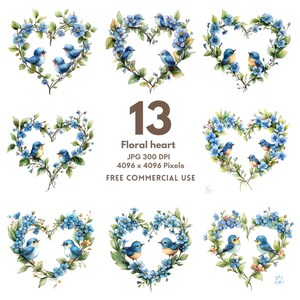 13 Coração floral aquarela, arte de coroa de flores silvestres, JPGs de alta qualidade, download digital para impressão, diário de lixo, clipart de coroa de flores silvestres