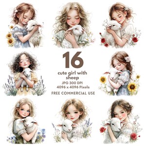 16 jolie fille avec des moutons, aquarelle d'agneau haute qualité JPG, clipart aquarelle imprimable, carnet de bord, créations en papier, clipart campagne