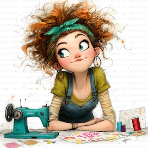 May include: A watercolour illustration of a person with red curly hair, wearing a green headband, yellow striped top, and denim overalls. A teal sewing machine is on a table with fabric, thread spools, and sewing supplies. The image has a whimsical style.