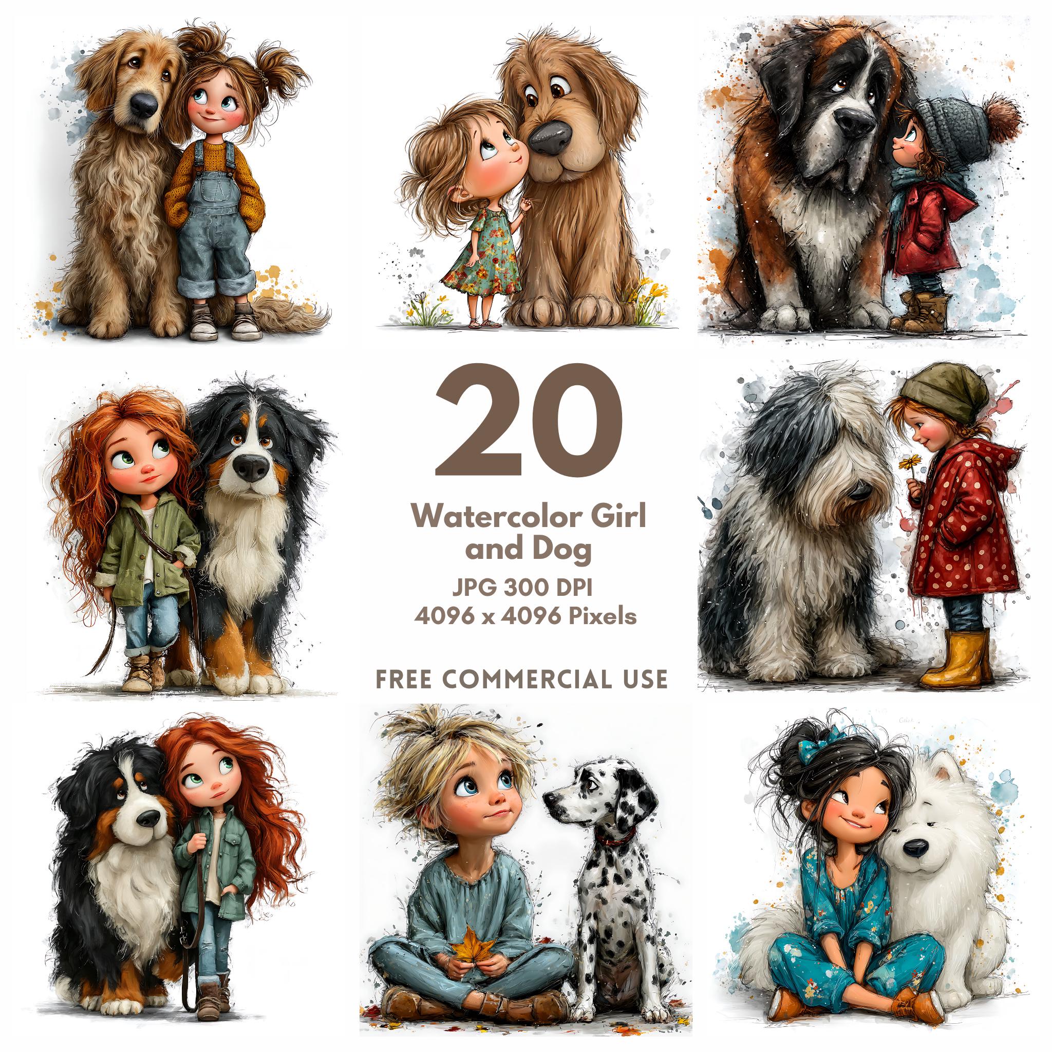 20 Watercolor Girl and Dog Clipart: Nursery Art Illustrations (jpgs ...