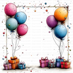 Clipart di cornici per 30 compleanni, Clipart di palloncini, Celebrazione, Acquerello stampabile, JPG di alta qualità, Diario di carta, Lavoretti di carta, Clipart di torte