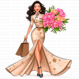 Chinees meisje clipart bundel, 17 vrouwelijke bloemillustraties, afdrukbare aquarel clipart, hoge kwaliteit JPG, Paper Craft, ongewenste tijdschriften