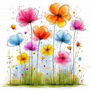 Könnte beinhalten: Eine Aquarellillustration eines Blumenfeldes mit leuchtend rosa, orangefarbenen, gelben und blauen Blüten an dünnen schwarzen Stielen. Das Kunstwerk enthält verstreute Farbspritzer und eine grüne Grasbasis vor einem weißen Hintergrund.