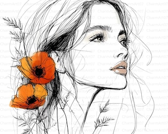 ラインブラシアート、女性の肖像画、女の子のイラスト、SVGファイル