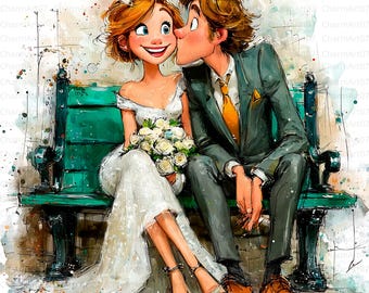 Paquete de imágenes prediseñadas de pareja de novios: Ilustraciones de novios bohemios (descarga JPG, uso comercial)