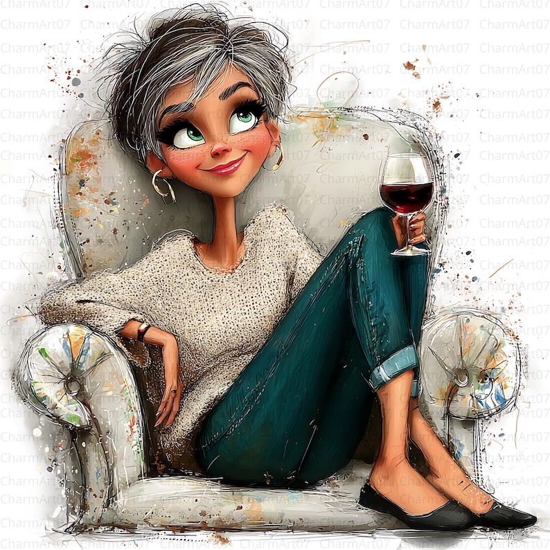 Lady With Wine Clipart Bundle , Grandma Cherries and Wine Digital Jpgs ...