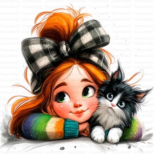 Quirky Girl with Cat Clipart Bundle, 15 Girl cat clipart, cute girl clipart, Printable Watercolor, High Quality JPG, Paper craft, journal