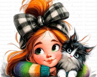 Paquete de imágenes prediseñadas de niña con gato: estilo acuarela (archivos JPG, descarga digital)