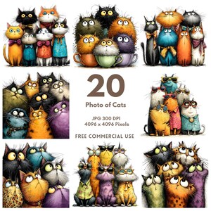 May include: A digital illustration featuring a collection of cartoon cats in various colors and styles. Some cats wear bow ties, scarves, and sunglasses. The image includes the text "20 Photo of Cats" and details about the image resolution and free commercial use.