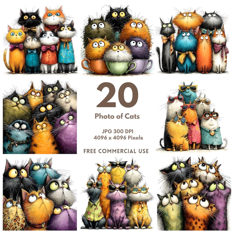 May include: A digital illustration featuring a collection of cartoon cats in various colors and styles. Some cats wear bow ties, scarves, and sunglasses. The image includes the text "20 Photo of Cats" and details about the image resolution and free commercial use.