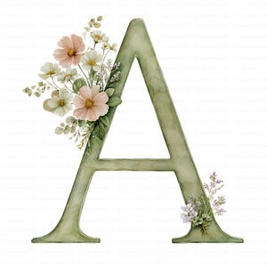 Pode incluir: Uma letra A maiúscula grande com uma textura de aguarela verde sálvia. A letra está decorada com um grupo de flores cosmos cor-de-rosa suave e brancas, folhas verdes e pequenos ramos de flores cor de lavanda na base da letra.