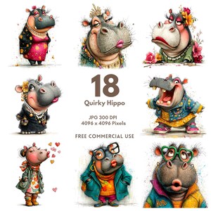 Puede incluir: Una colecci&oacute;n de 18 ilustraciones de hipop&oacute;tamos extravagantes. Cada hipop&oacute;tamo se representa con un atuendo y una expresi&oacute;n &uacute;nicos, con detalles como joyas y gafas. La imagen incluye el texto "Quirky Hippo" y "Free Commercial Use."