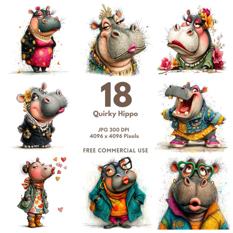 Puede incluir: Una colecci&oacute;n de 18 ilustraciones de hipop&oacute;tamos extravagantes. Cada hipop&oacute;tamo se representa con un atuendo y una expresi&oacute;n &uacute;nicos, con detalles como joyas y gafas. La imagen incluye el texto "Quirky Hippo" y "Free Commercial Use."