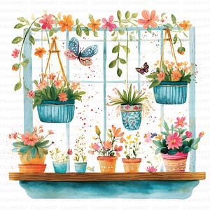 20 Frühlingsblumen Fenster Clipart, Blumentöpfe Clipart, Aquarell Clipart, hochwertige JPGs, digitaler Download, kommerzielle Nutzung, Junk Journal