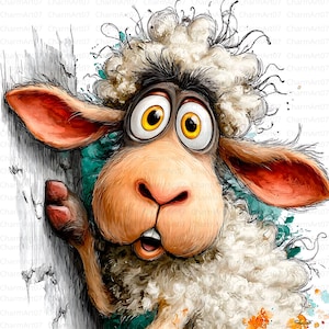 May include: A cartoon illustration of a sheep with large, expressive eyes and a surprised expression. The sheep has fluffy white wool, brown ears, and is leaning against a white surface. The artwork features bright colors and a whimsical style.