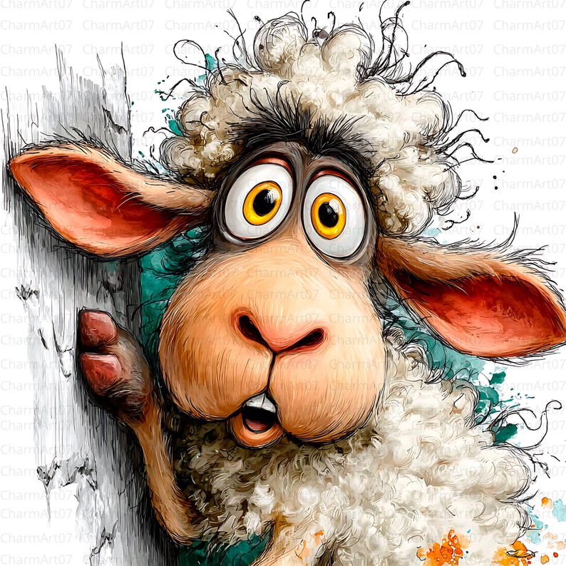 May include: A cartoon illustration of a sheep with large, expressive eyes and a surprised expression. The sheep has fluffy white wool, brown ears, and is leaning against a white surface. The artwork features bright colors and a whimsical style.