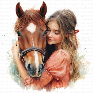 25 aquarel meisje en paard clipart, hoge kwaliteit jpg's, digitale download, scrapbooking, kaarten maken, paard en meisje, junk Journal, ambacht