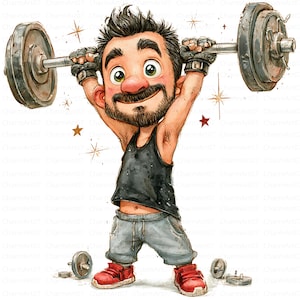 Puede incluir: Una ilustración de dibujos animados de un personaje barbudo con cabello oscuro que viste una camiseta sin mangas negra, pantalones cortos grises y zapatillas rojas, levantando una pesada barra de metal sobre su cabeza con guantes.
