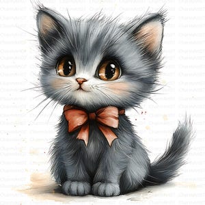 May include: A watercolor illustration of a gray kitten with large brown eyes and a pink bow. The kitten has fluffy fur and is sitting upright. The image has a soft, whimsical style, with the text "CharmArt07" repeated in the background.