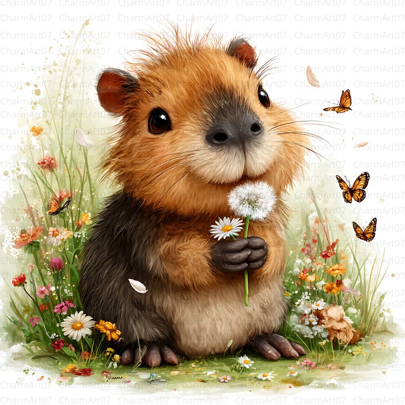 May include: A watercolor illustration of a cute, fluffy rodent holding a dandelion and daisy. The rodent is brown and tan, surrounded by colorful wildflowers and orange butterflies. The image has a whimsical, storybook feel.