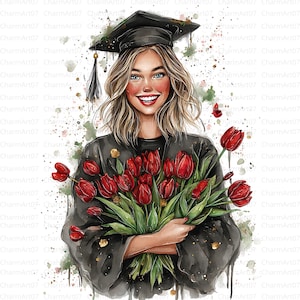 Op de afbeelding: Waterverfillustratie van een afgestudeerde met een boeket rode tulpen. De afgestudeerde draagt een zwarte afstudeerjurk en -hoed met een gouden kwast. De afbeelding heeft een zachte, artistieke stijl met aquarelspetters.