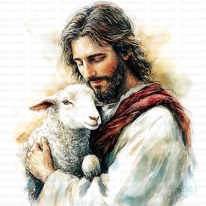 17 Gesù con Agnello Clipart, Clip Art Acquerello, JPG stampabili, Download immediato, Clipart di Gesù di Pasqua, Lavoretti di carta, Gesù, Ringraziamento