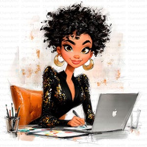 17 Black Women on Laptops Clipart Bundle, Fashionable woman Graphics, black woman graphics, JPG High-Quality, Printable Watercolor, craft