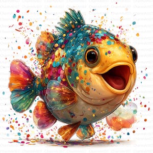Op de afbeelding: Een grillige illustratie van een lachende vis met levendige kleuren. De vis heeft een gele body, blauwe en kleurrijke schubben en grote, expressieve ogen. Confetti-achtige details omringen de vis.